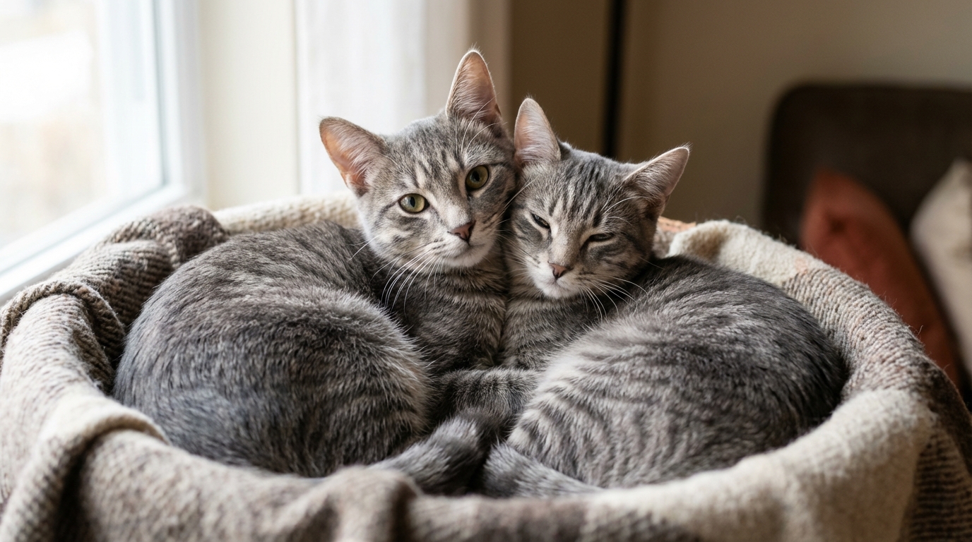 Bean et Sam, deux jeunes chats tigrés gris, frère et sœur, se blottissent l'un contre l'autre dans un panier douillet, attendant une adoption.