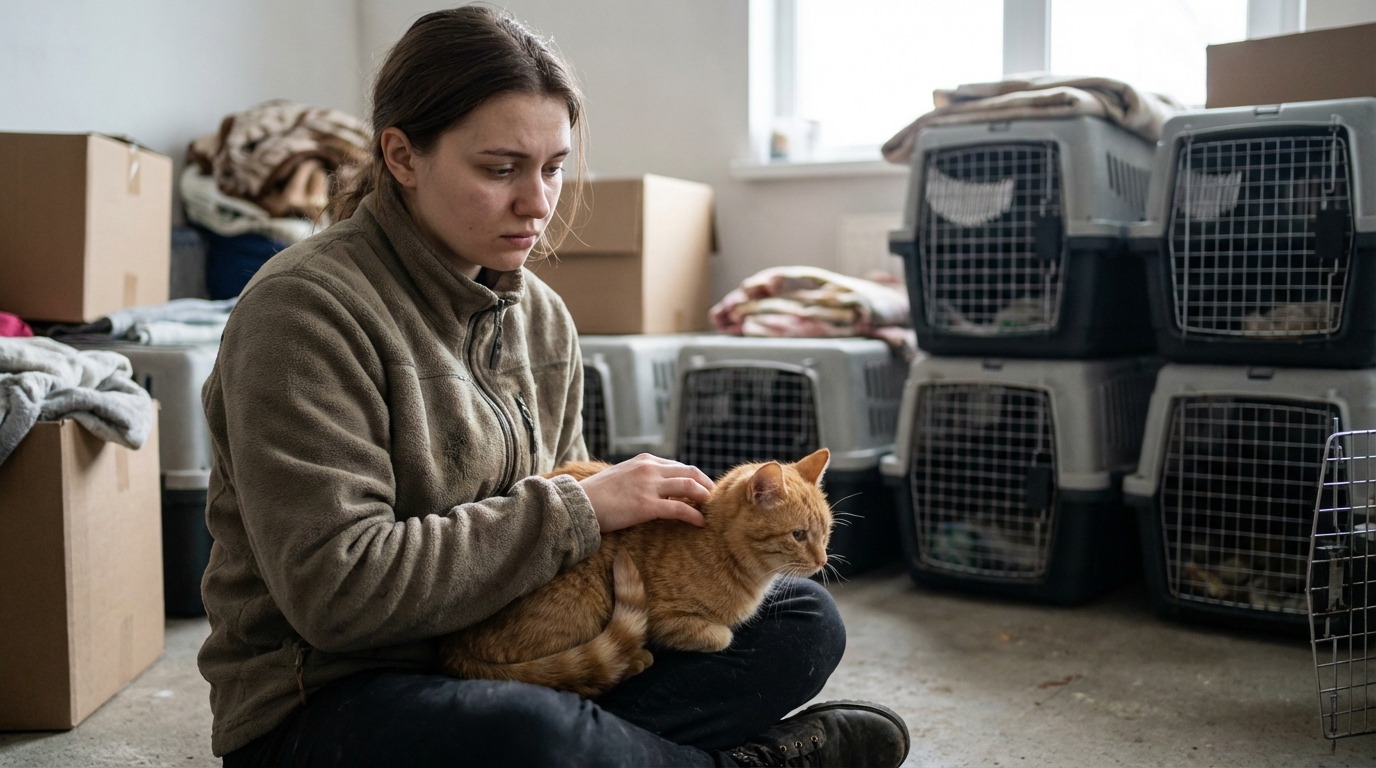 Une bénévole d'association au regard inquiet caresse doucement un chat abandonné dans un refuge, symbolisant l'urgence de la situation.
