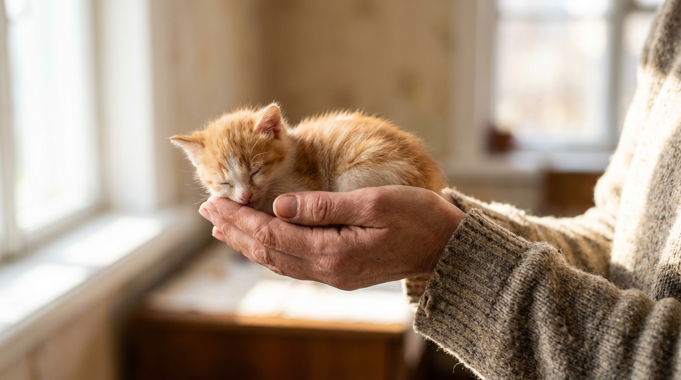 Une bénévole tient délicatement dans ses mains un petit chaton roux et blanc, le regardant avec tendresse et compassion.