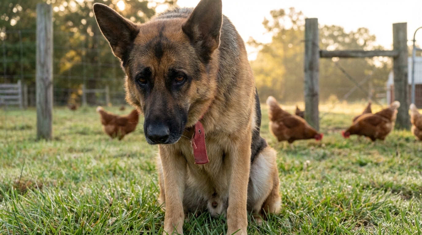 Un berger allemand au regard perdu, portant un collier rouge, se tient dans une cour de ferme près de poules.