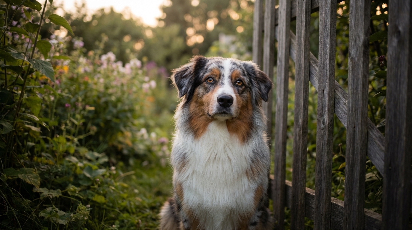 Un magnifique berger australien tricolore avec des yeux vifs, assis derrière une clôture, semblant attendre le retour de ses maîtres.