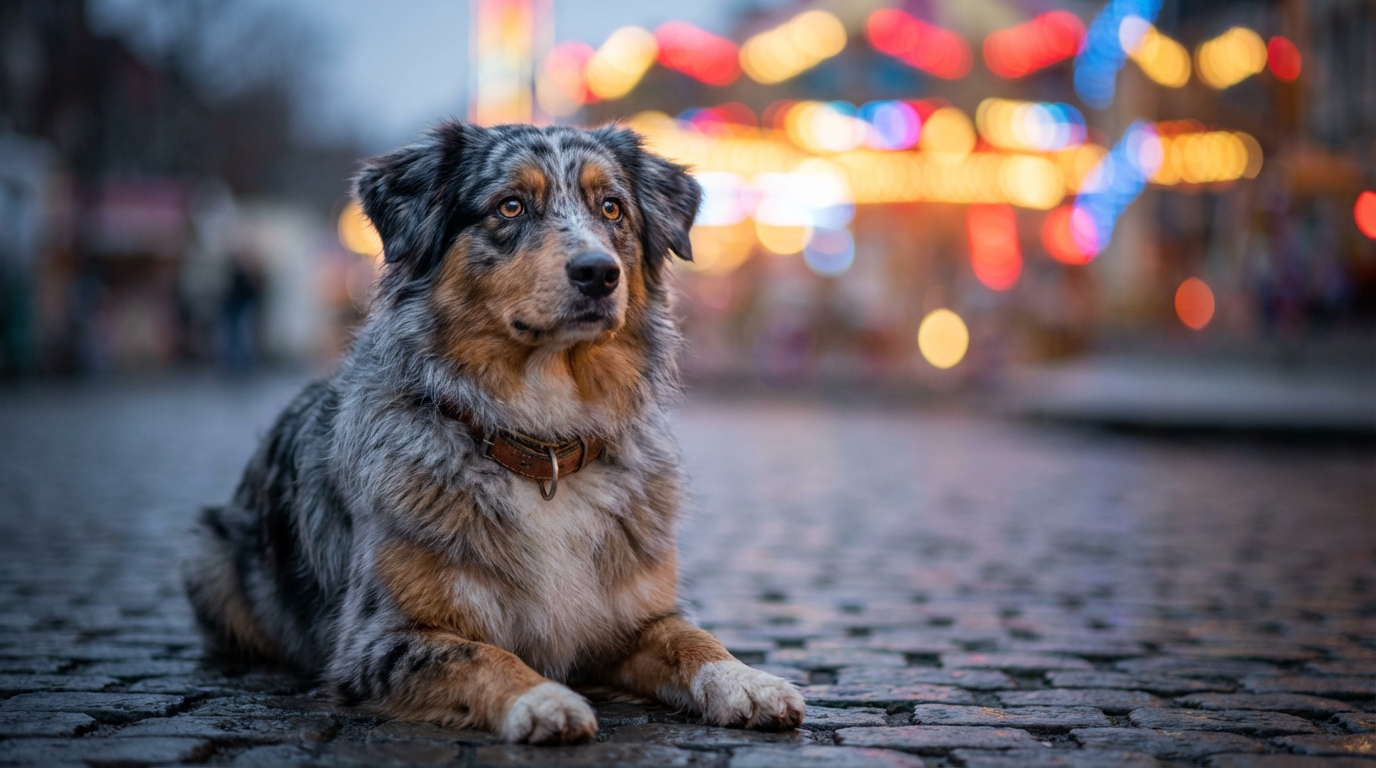 Un magnifique berger australien au pelage merle regarde autour de lui, l'air perdu et inquiet, dans le flou d'une fête foraine.