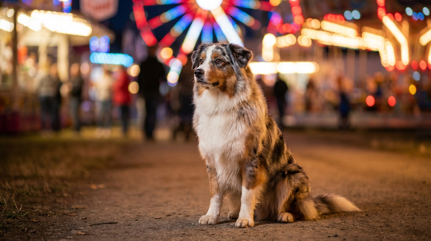 Un magnifique berger australien tricolore regarde l'objectif avec une expression interrogative, dans le décor flou et coloré d'une fête foraine.