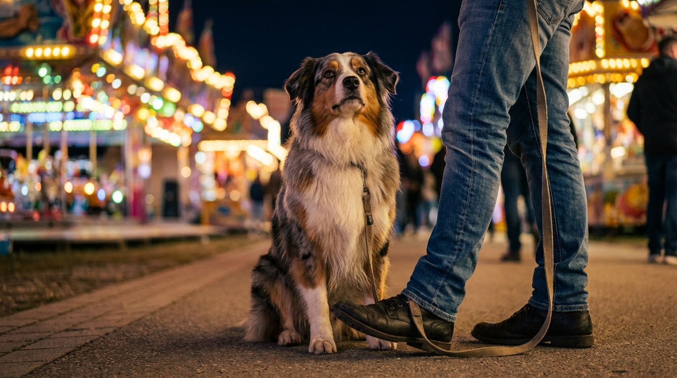 Un magnifique berger australien regarde avec anxiété autour de lui, assis sur le sol d'une fête foraine bondée et illuminée la nuit.