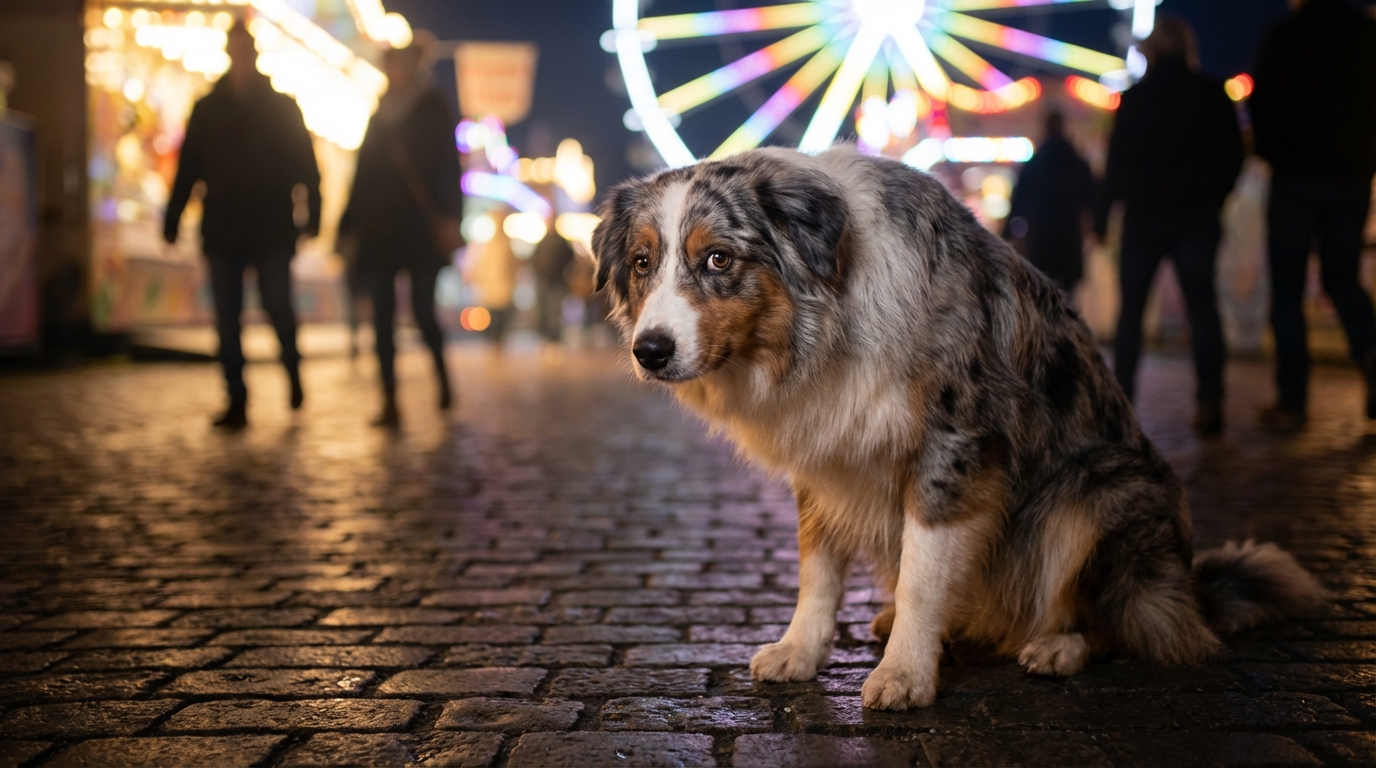 Un berger australien regarde tristement autour de lui, semblant perdu dans l'ambiance floue et lumineuse d'une fête foraine la nuit.
