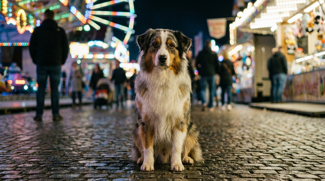 Un magnifique berger australien tricolore assis sur un sol pavé, regardant au loin avec une expression d'attente et de tristesse.