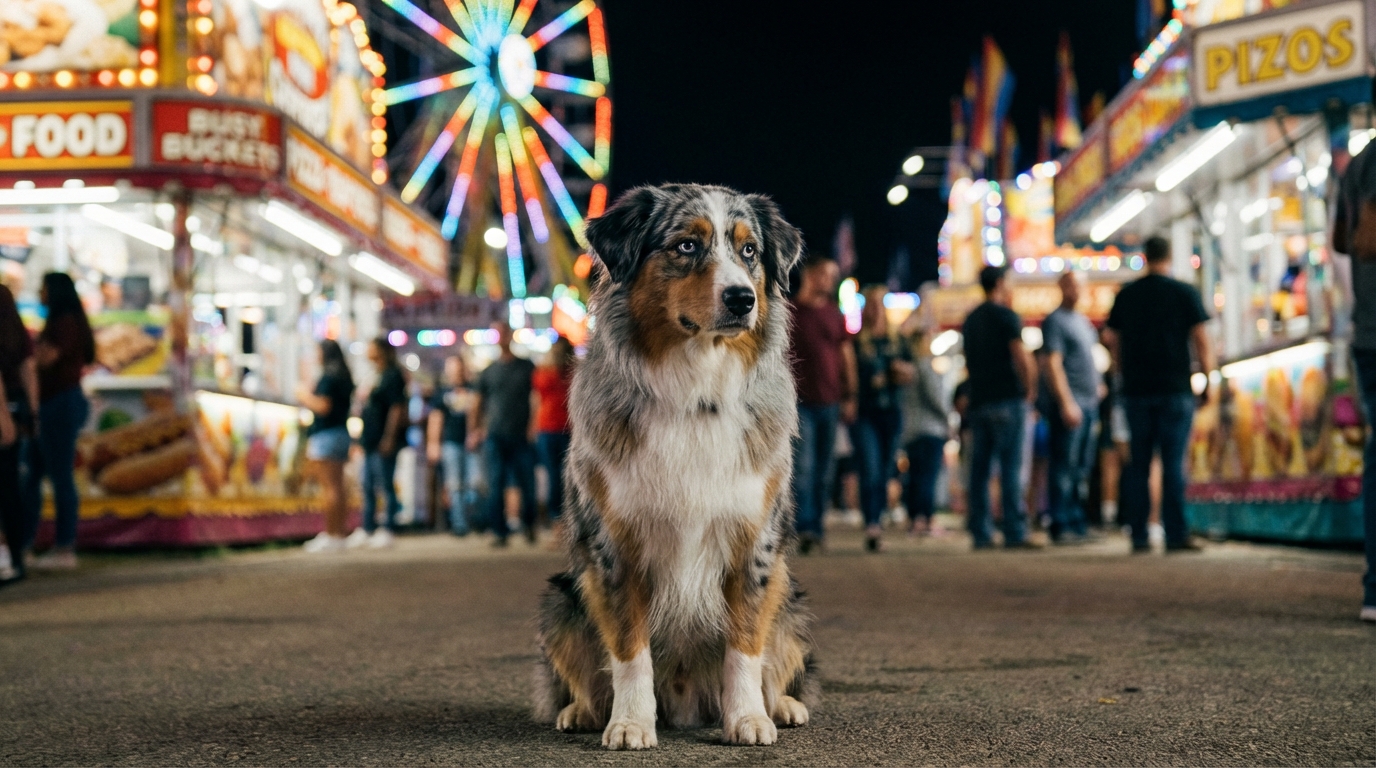 Un magnifique berger australien au pelage merle, l'air inquiet, assis au milieu d'une fête foraine animée et colorée la nuit.