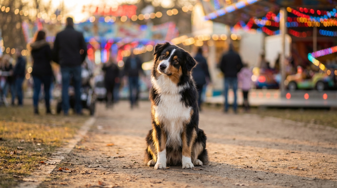 Un magnifique berger australien au regard triste et interrogateur, assis seul dans un parc, semblant attendre le retour de sa famille.