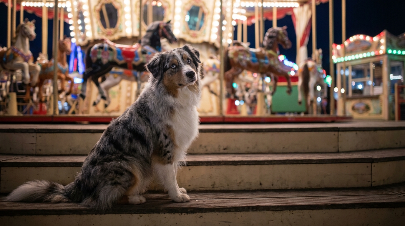 Un magnifique berger australien tricolore assis sur un chemin, le regard triste et interrogateur, semblant attendre le retour de sa famille.