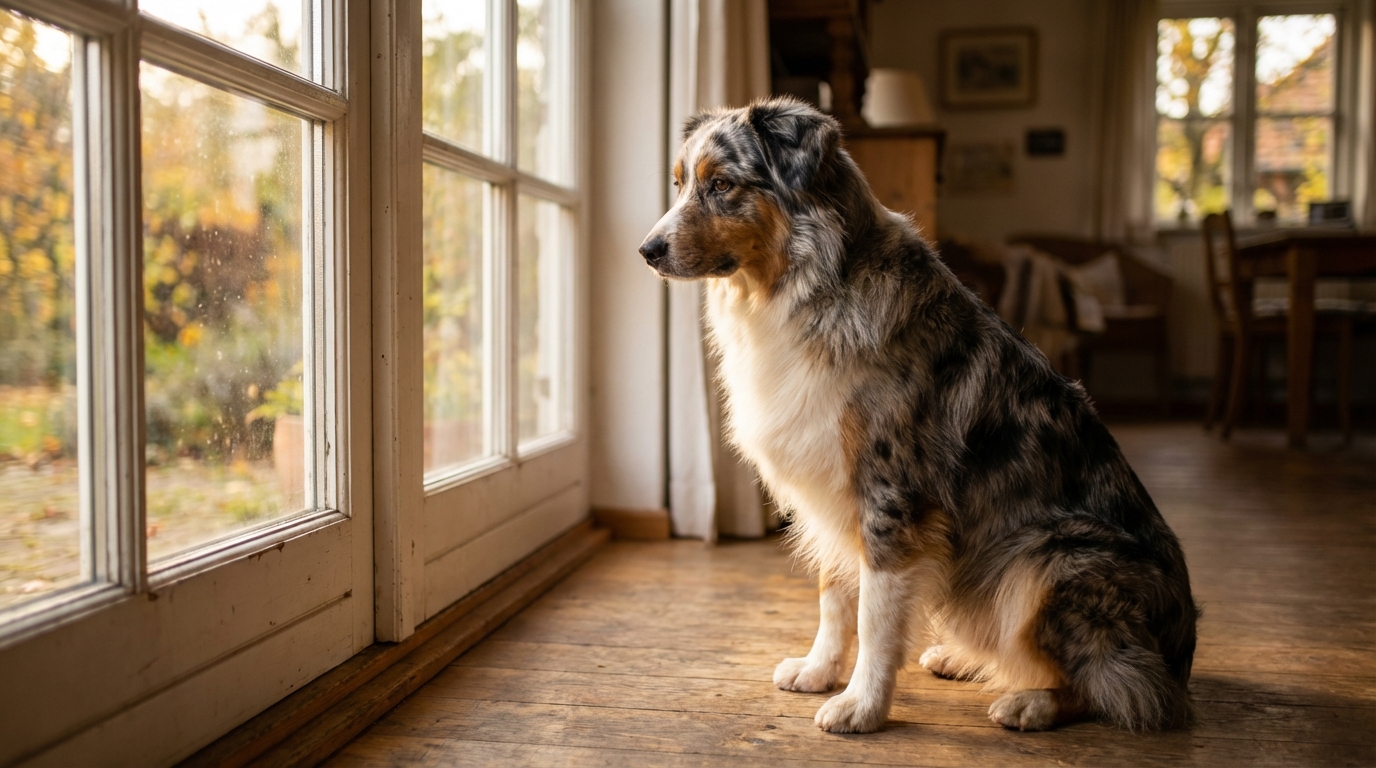 Un magnifique berger australien au regard mélancolique, assis à l'intérieur, qui semble attendre le retour de sa famille.