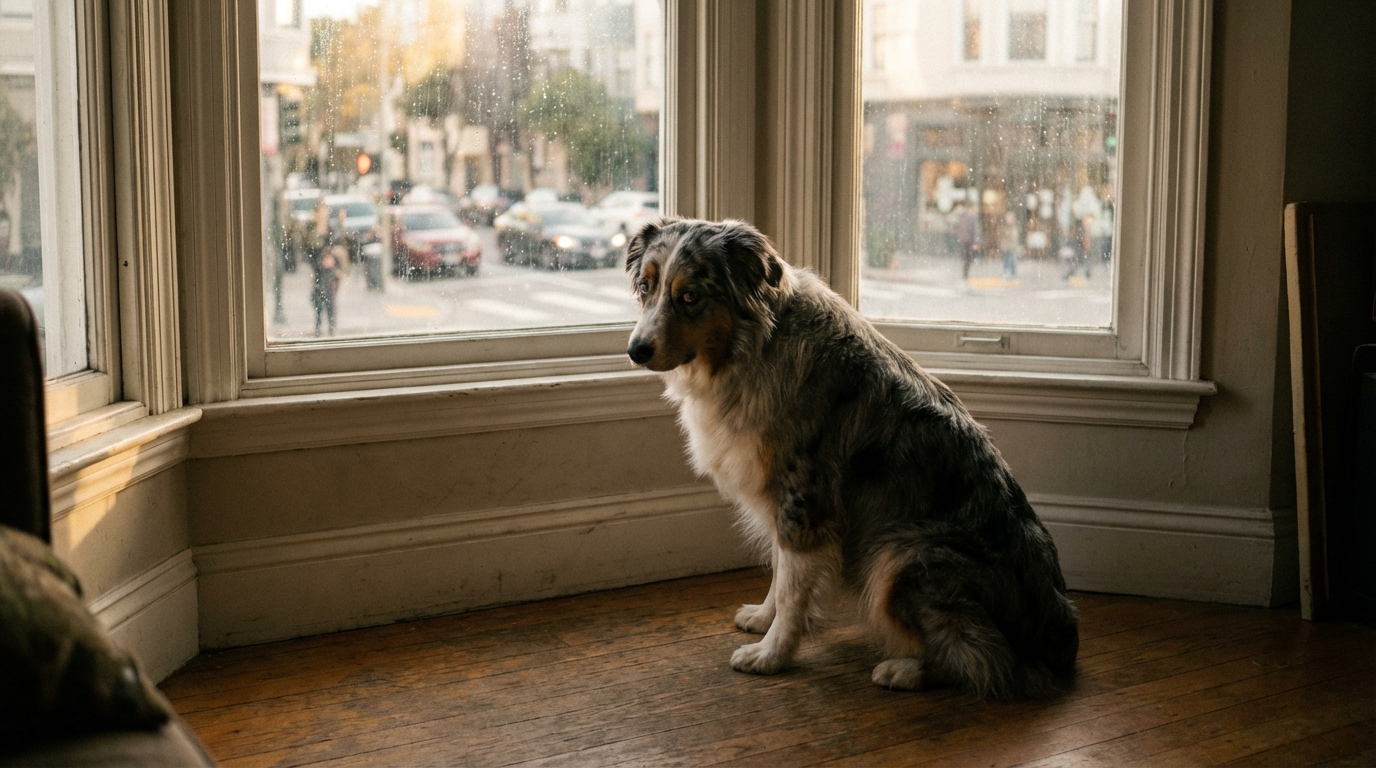 Un magnifique berger australien au regard mélancolique, assis seul à l'intérieur, regardant à travers une fenêtre la rue animée.