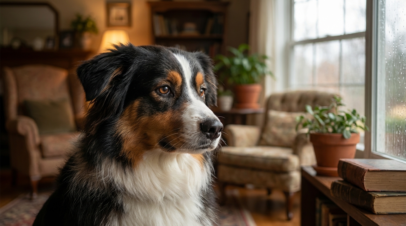 Un magnifique berger australien au regard mélancolique, assis près d'une fenêtre, semblant attendre le retour de sa famille.