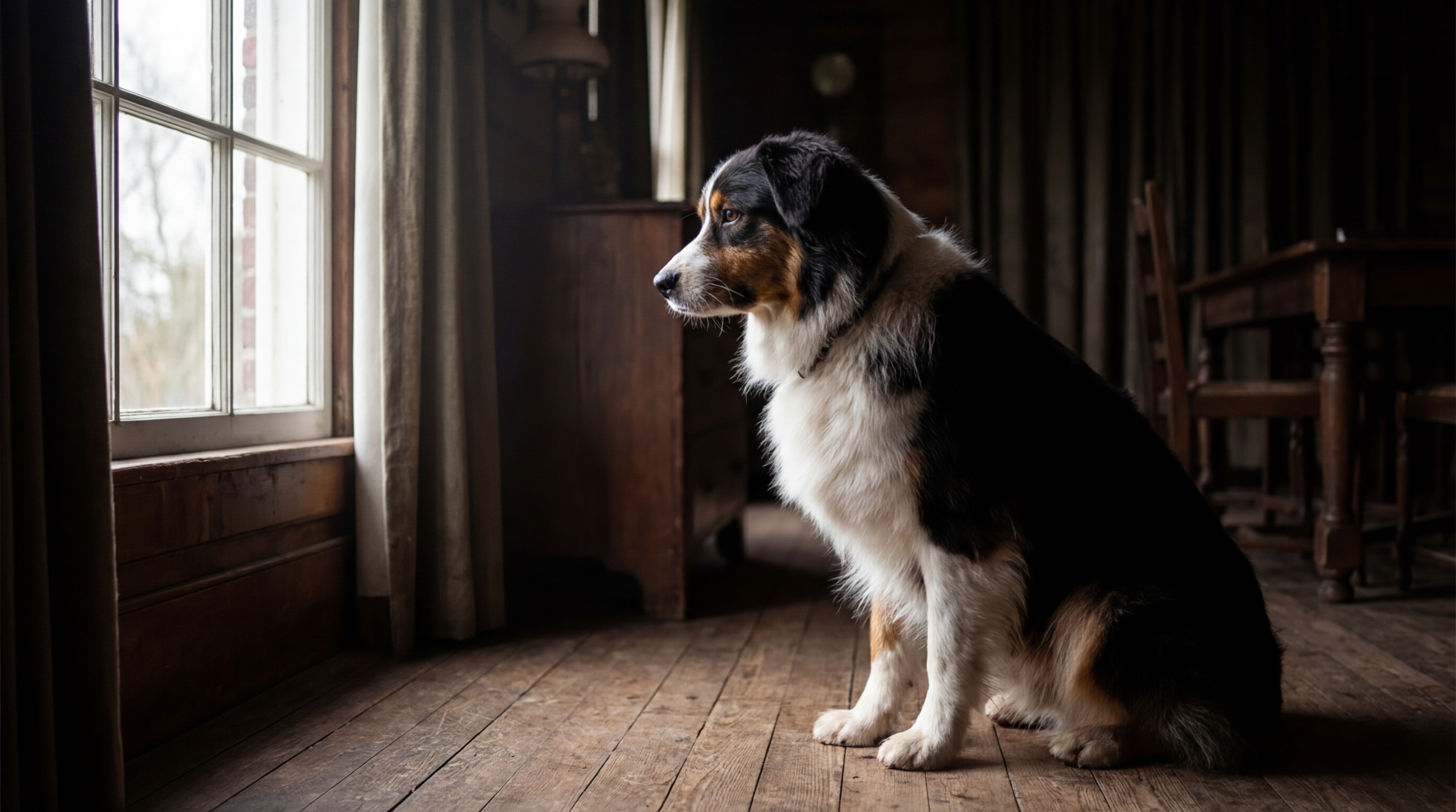 Un magnifique berger australien au regard mélancolique, assis derrière une vitre, semblant attendre le retour de sa famille.