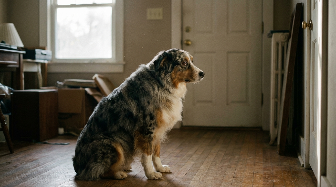 Un magnifique berger australien au regard mélancolique, assis près d'une vitre, semblant attendre le retour de sa famille.