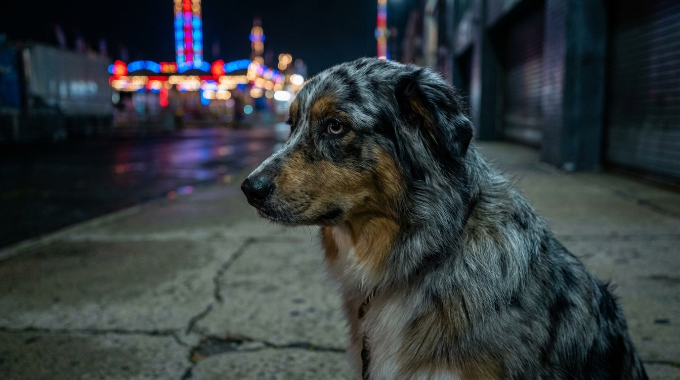 Un magnifique berger australien au regard mélancolique, assis seul, symbolisant l'angoisse de la séparation et l'attente de sa famille.