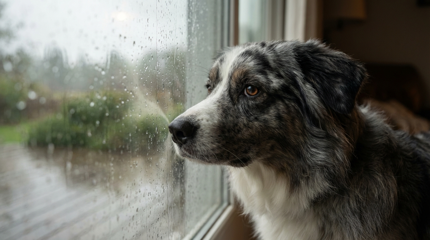 Un magnifique berger australien au regard mélancolique, semblant attendre le retour de sa famille, symbolisant la solitude d'un animal perdu.
