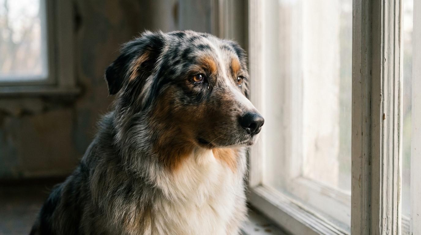 Un magnifique berger australien au regard mélancolique, symbolisant la tristesse d'un chien séparé de sa famille.