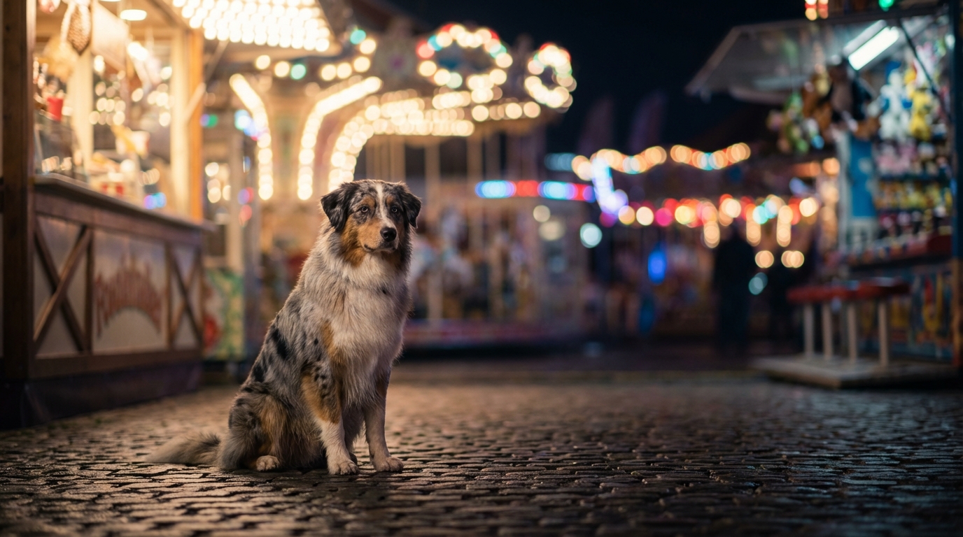 Un magnifique berger australien au regard triste et perdu, assis au milieu des lumières floues d'une fête foraine la nuit.