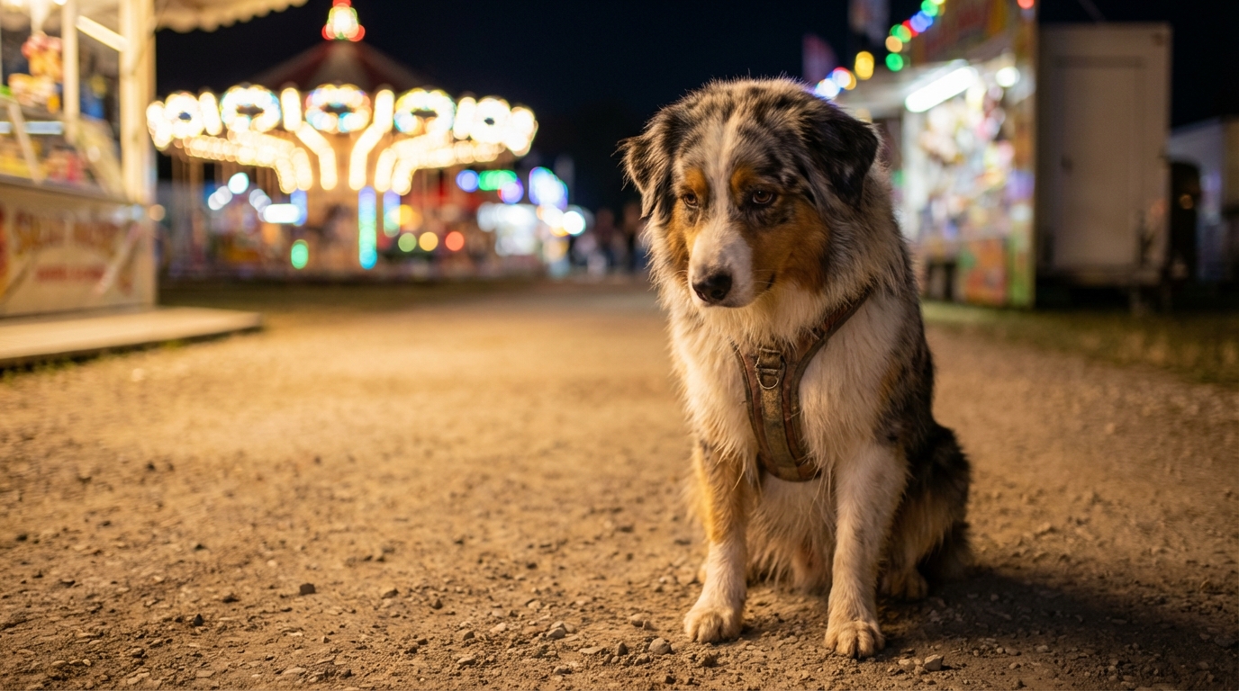 Un magnifique berger australien au regard inquiet, assis seul au milieu des lumières floues et de la foule d'une fête foraine.