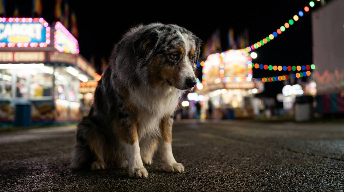 Un berger australien à l'air perdu et triste, assis seul au milieu des lumières colorées et floues d'une fête foraine la nuit.