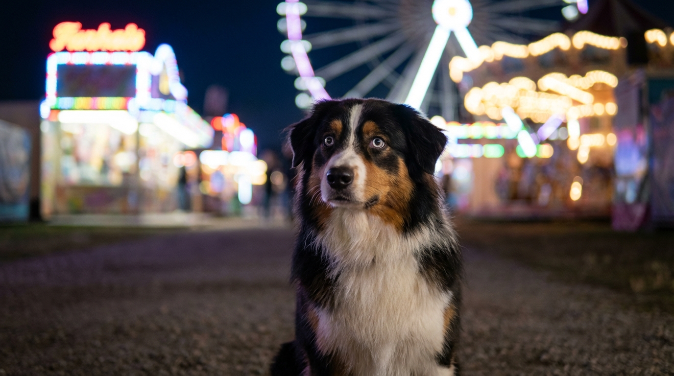 Un berger australien tricolore au regard triste assis dans une foule floue d'une fête foraine la nuit.
