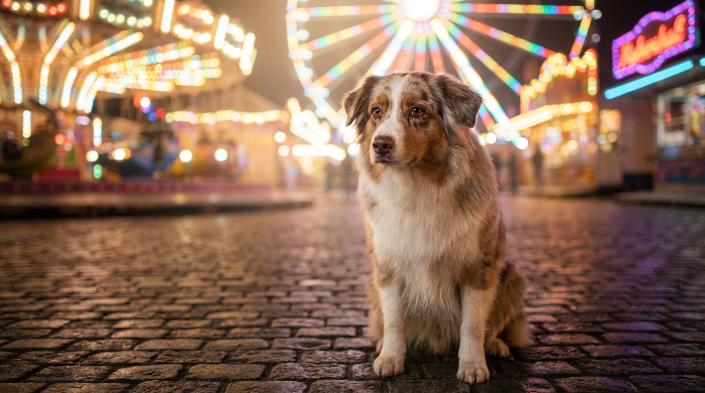 Un Berger Australien au regard mélancolique, assis seul au milieu des lumières floues et colorées d'une fête foraine la nuit.