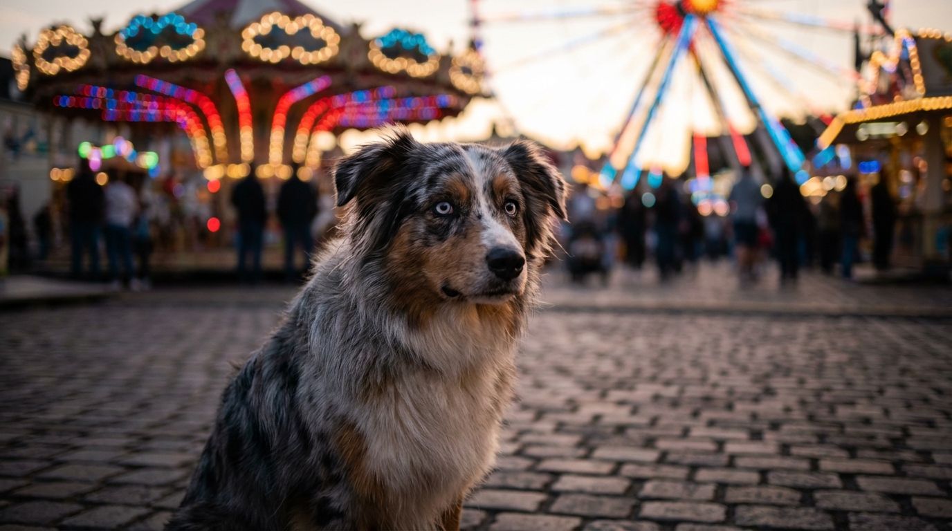 Un magnifique berger australien au regard inquiet, assis au milieu d'une foule floue dans une fête foraine, symbolisant la perte et l'angoisse.