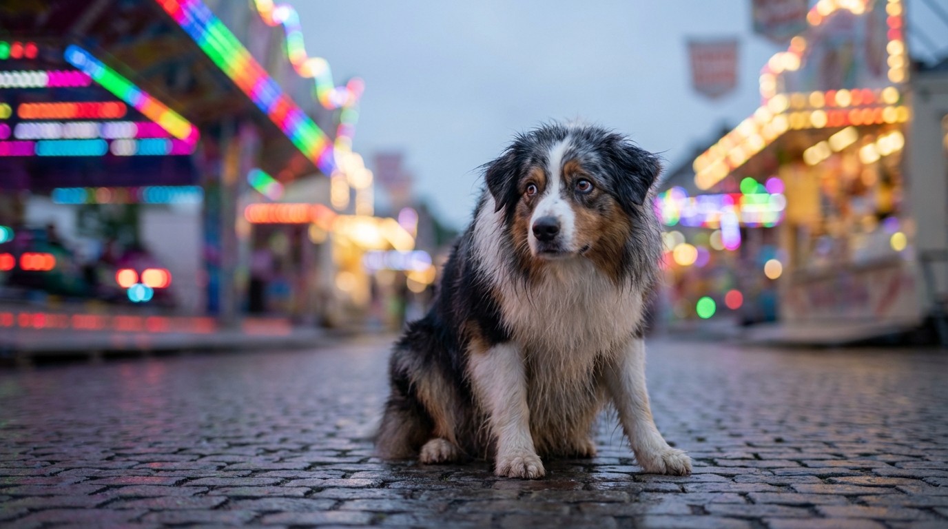 Un berger australien regarde tristement autour de lui, l'air perdu au milieu des lumières floues d'une fête foraine.