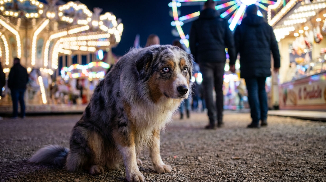 Un berger australien au regard inquiet, assis seul au milieu des lumières floues et de la foule d'une fête foraine la nuit.