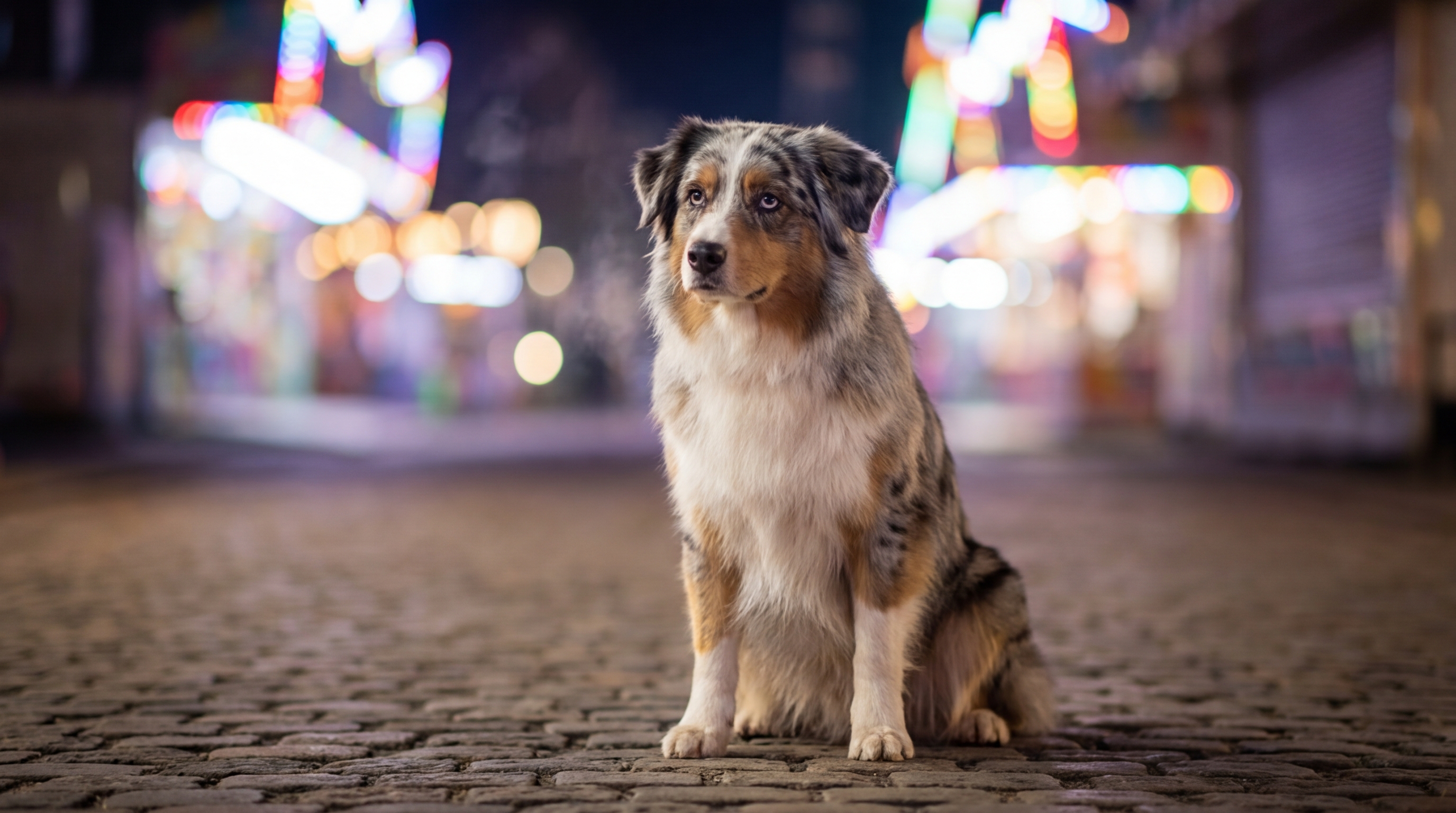 Un magnifique berger australien, assis sagement, regarde la caméra avec une expression de tristesse et d'attente.
