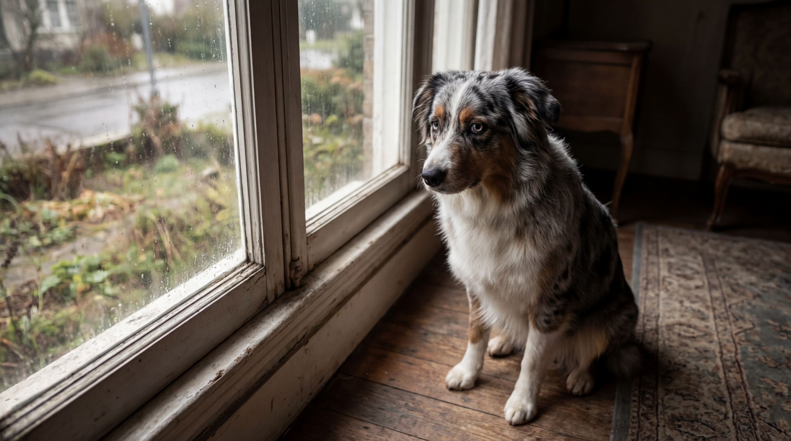 Un magnifique berger australien au regard mélancolique, semblant attendre le retour de sa famille, le museau près d'une vitre.