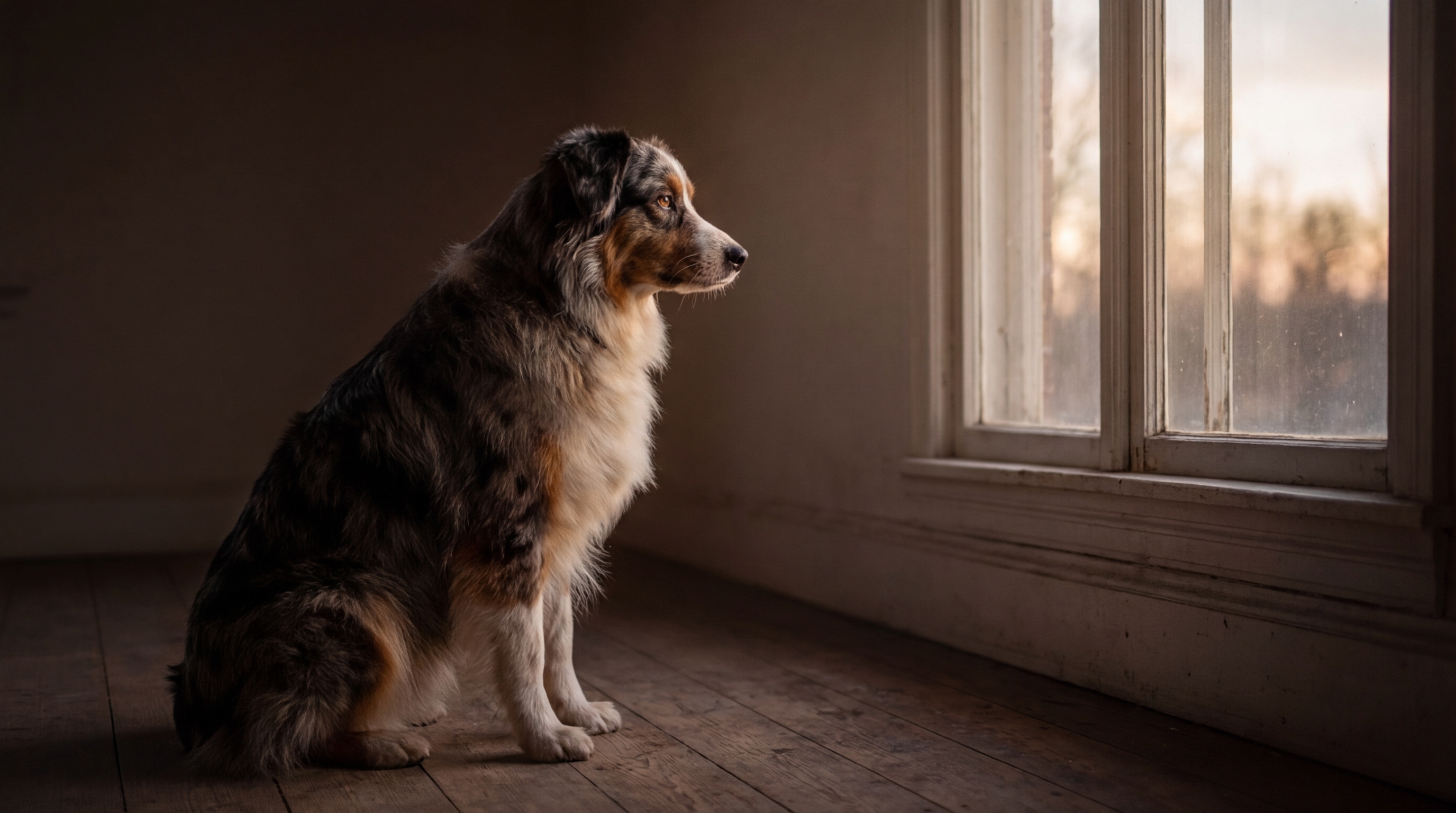 Un magnifique berger australien au regard mélancolique, assis et attendant patiemment le retour de sa famille.