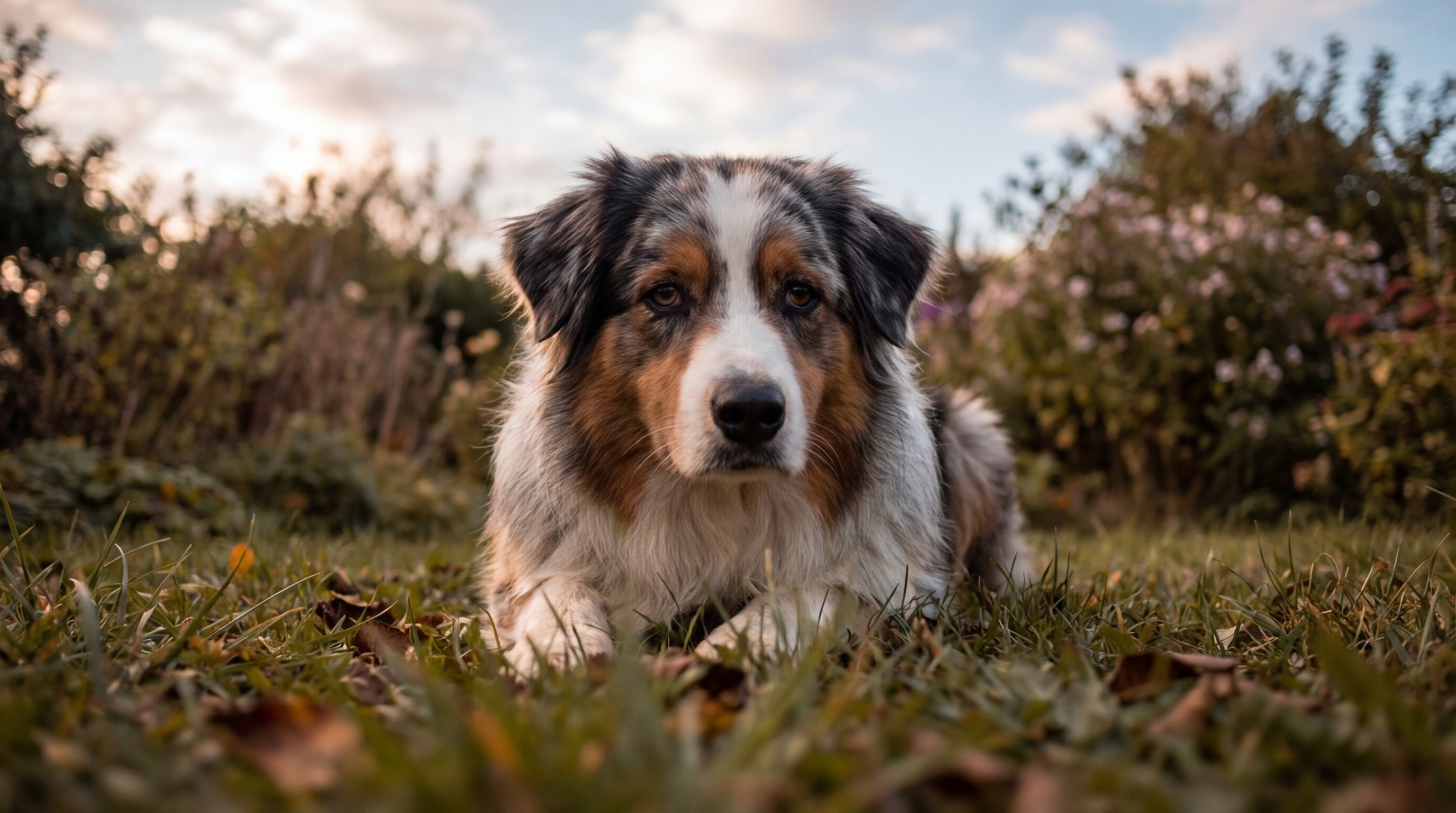 Un magnifique berger australien au regard mélancolique, semblant attendre le retour de sa famille dans un jardin verdoyant.