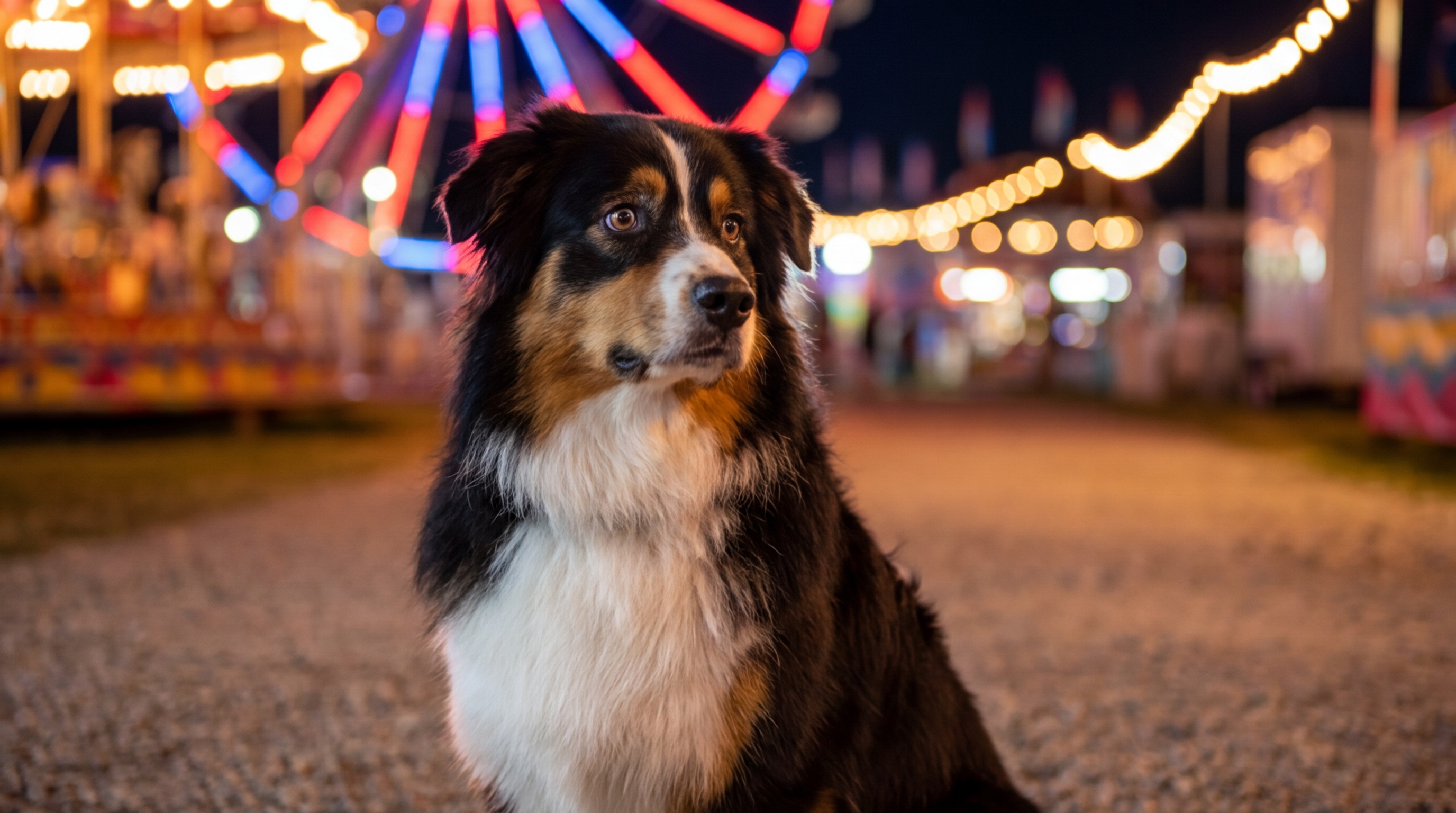 Un magnifique berger australien tricolore, l'air un peu triste et interrogateur, assis dans un environnement flou de fête foraine.