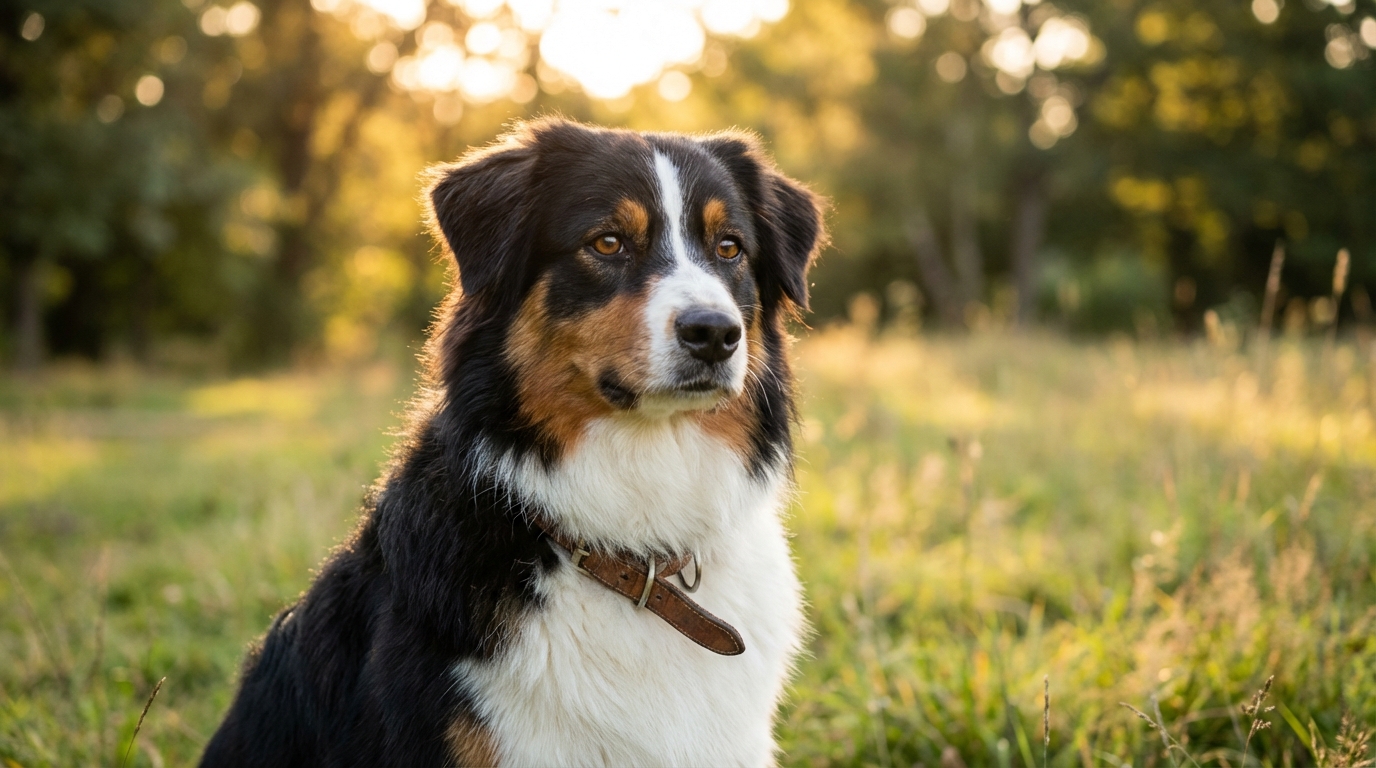 Un magnifique berger australien tricolore assis dans un parc, regardant attentivement avec une expression pleine d'espoir et de douceur.
