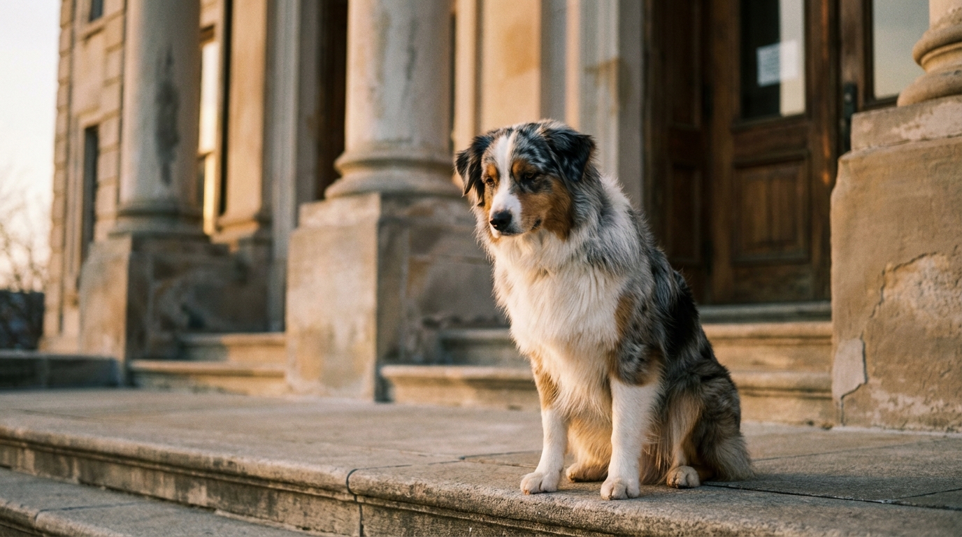Un berger australien tricolore au regard vif et intelligent, assis sagement, symbolisant l'affaire du chien Uki.