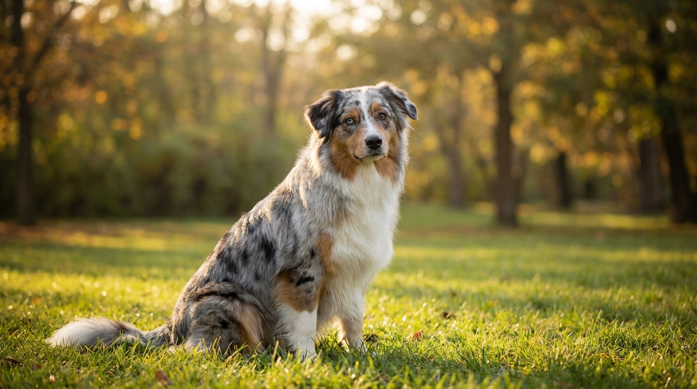 Un magnifique berger australien au regard doux et intelligent, assis dans un parc verdoyant, l'air attentif et fidèle.