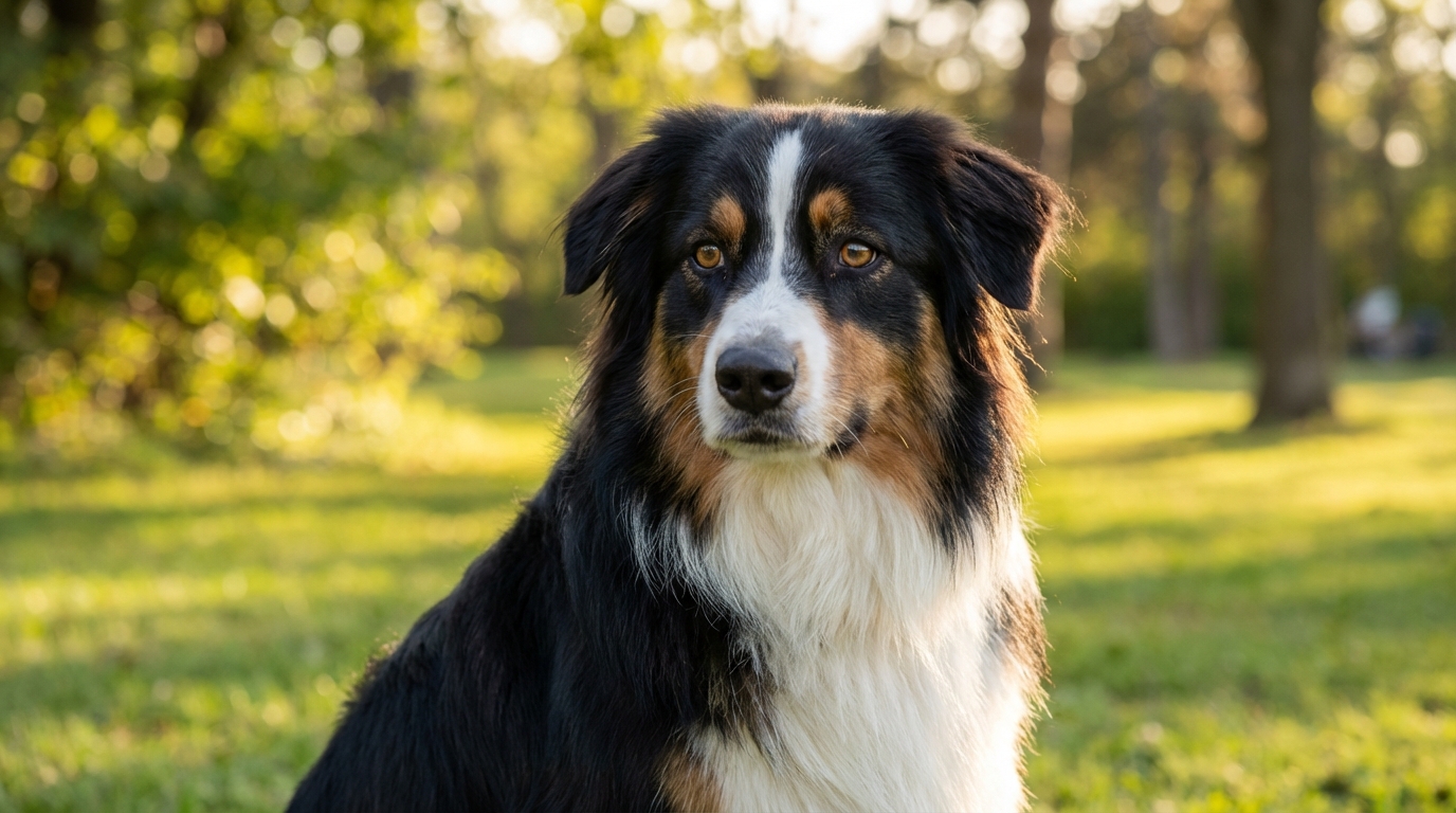 Un magnifique berger australien tricolore assis dans un parc, l'air attentif et curieux, représentant le chien Uki.