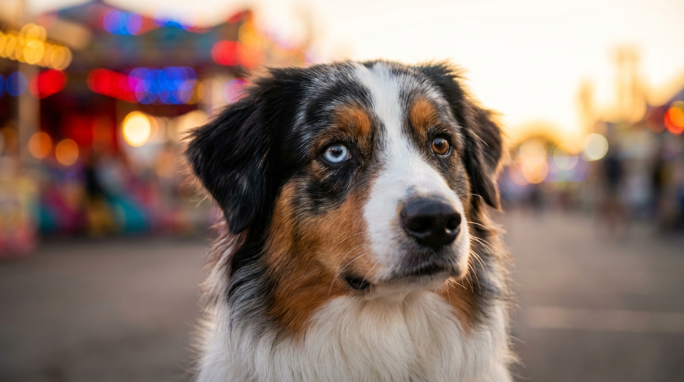 Un magnifique berger australien tricolore regarde la caméra avec une expression douce et interrogative dans un parc ensoleillé.