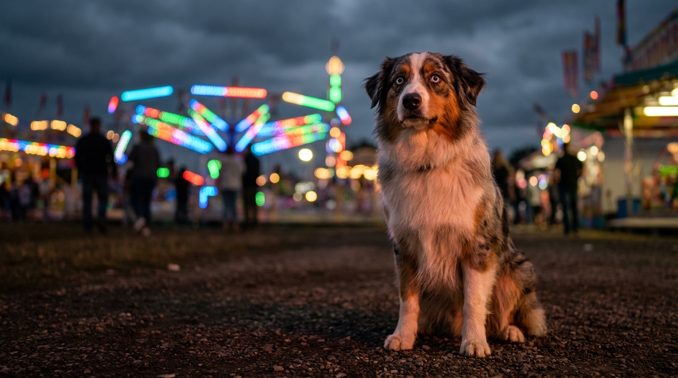 Un berger australien regarde tristement la caméra, perdu au milieu des lumières floues et de la foule d'une fête foraine la nuit.