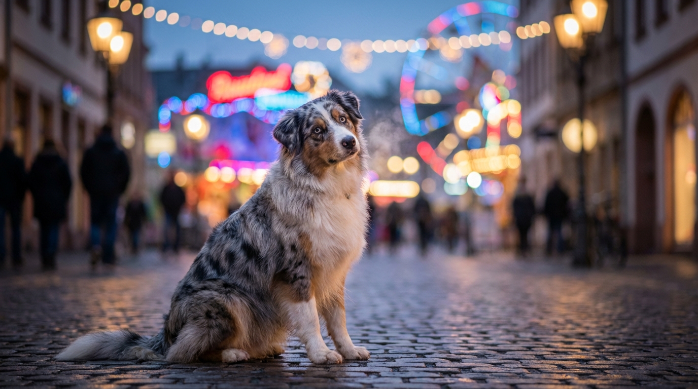 Un magnifique berger australien au regard doux et intelligent, assis dans un parc verdoyant, symbolisant la chienne Uki.