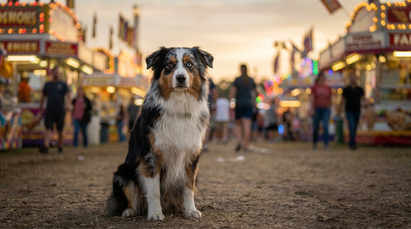 Un berger australien tricolore nommé Uki, assis sur le sol d'une fête foraine, l'air perdu et triste au milieu de la foule et des lumières.