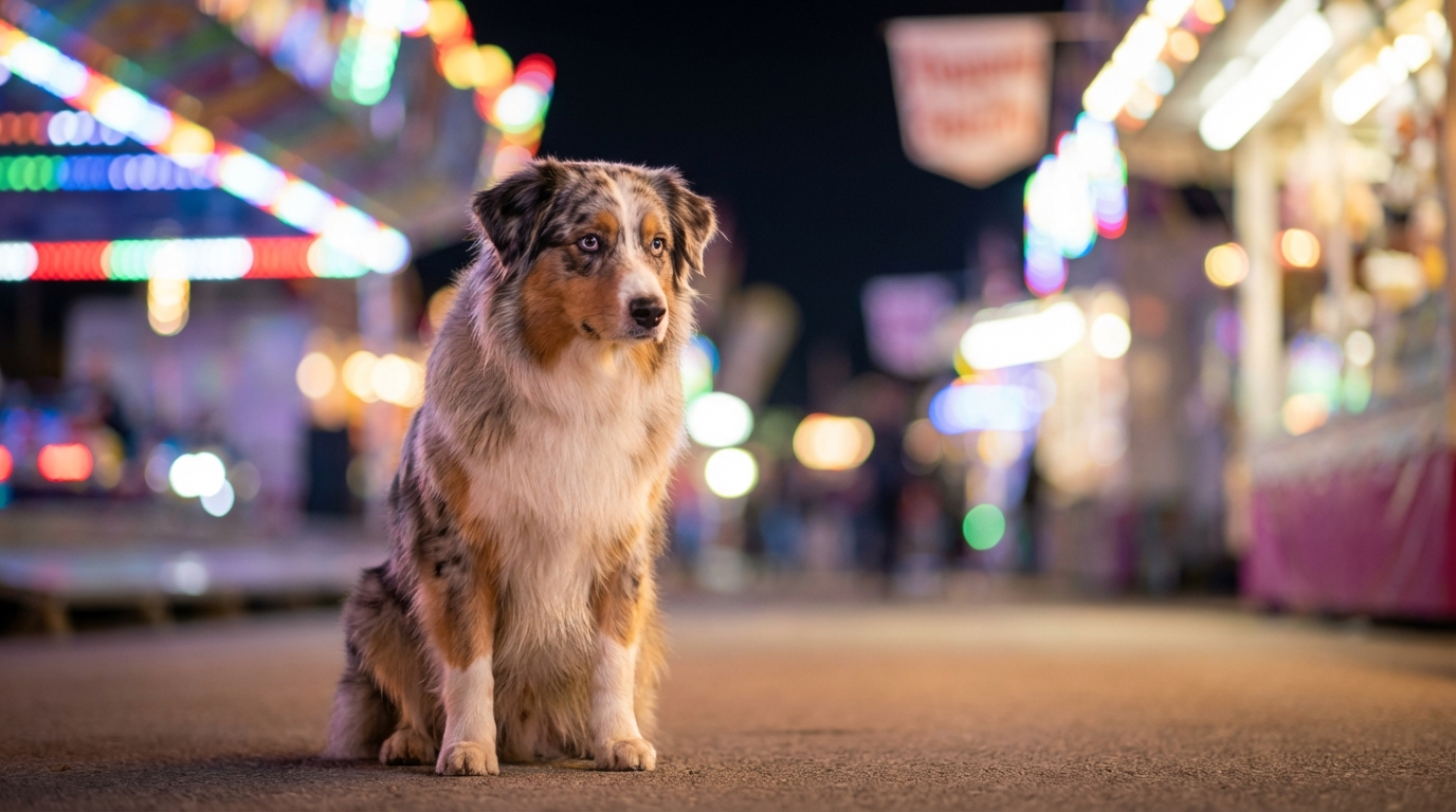 Un magnifique berger australien au regard triste et perdu, assis au milieu des lumières colorées et floues d'une fête foraine la nuit.