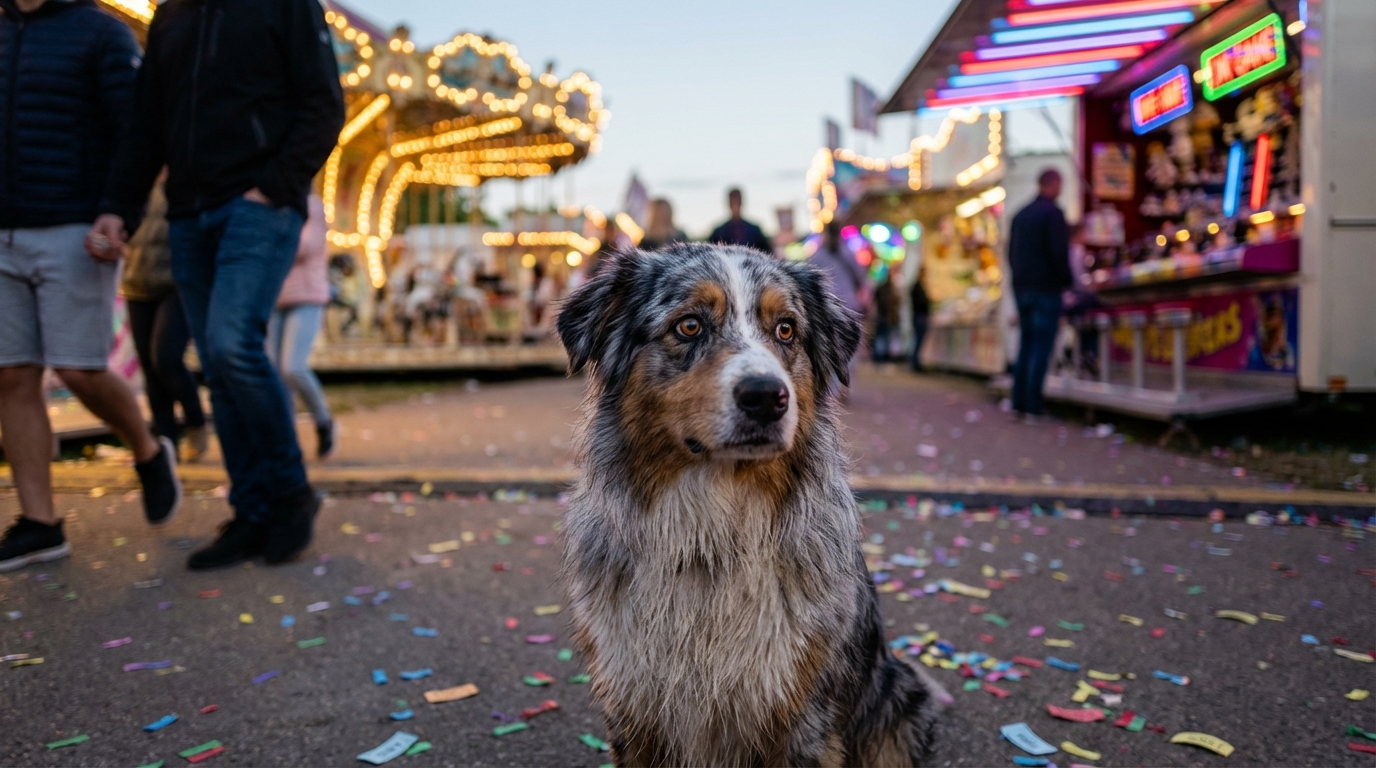 Un berger australien regarde tristement autour de lui, perdu dans l'agitation et les lumières colorées d'une fête foraine bondée.