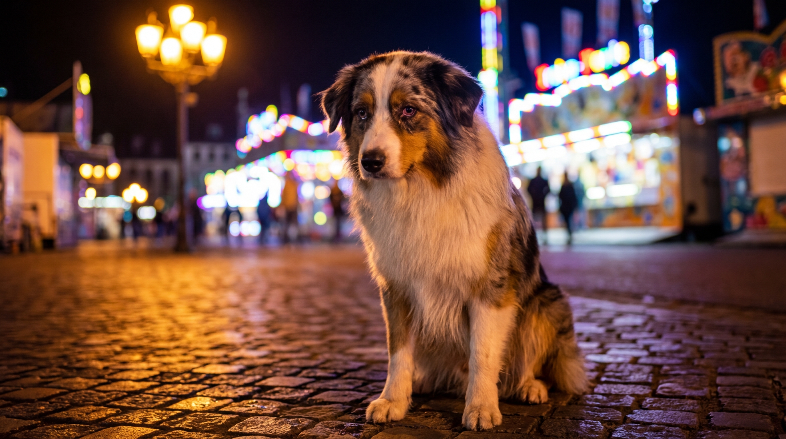 Un berger australien au regard inquiet, assis seul la nuit au milieu des lumières floues d'une fête foraine.