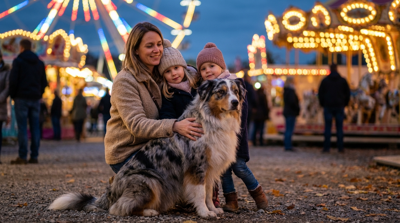 Un magnifique berger australien, Uki, assis sagement aux pieds de sa famille aimante au milieu des lumières d'une fête foraine.