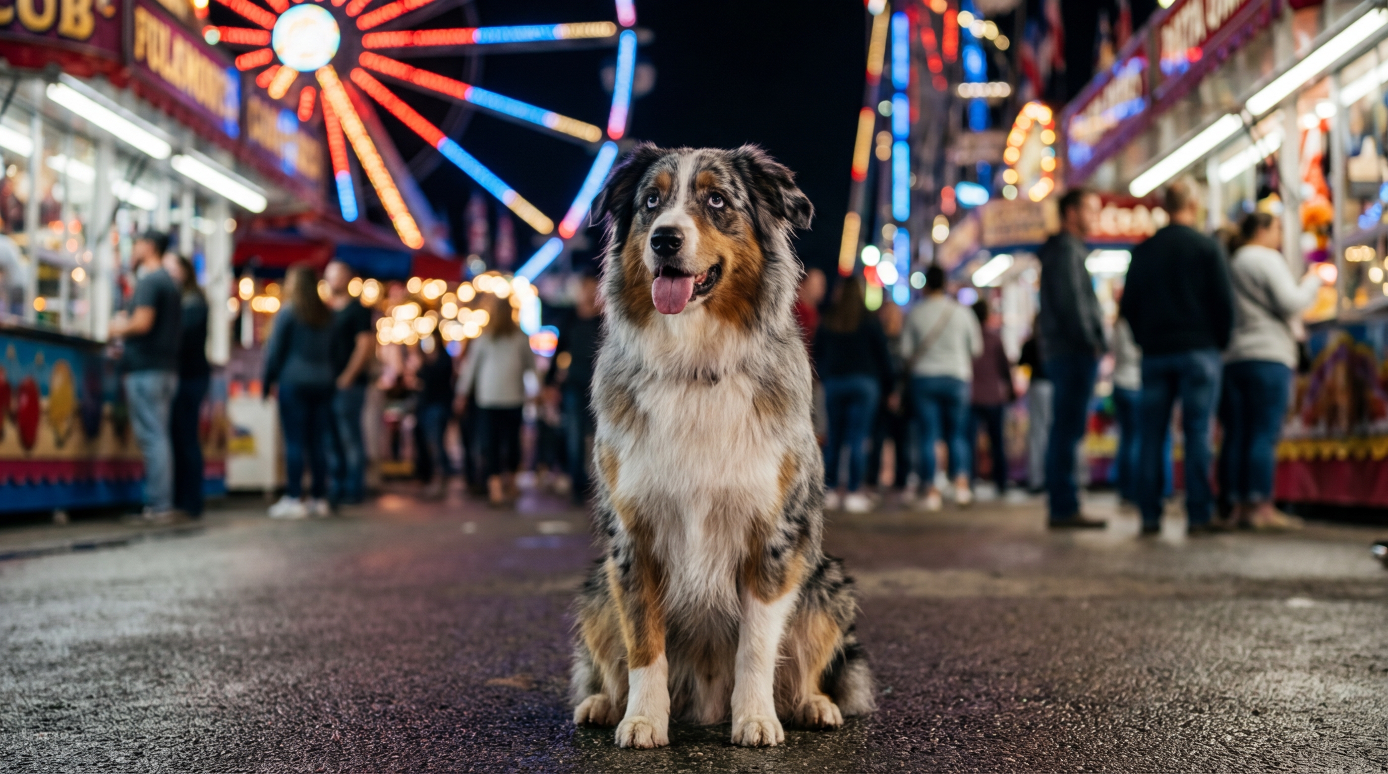 Un magnifique berger australien bleu merle, l'air triste et perdu, assis au milieu des lumières colorées et floues d'une fête foraine la nuit.