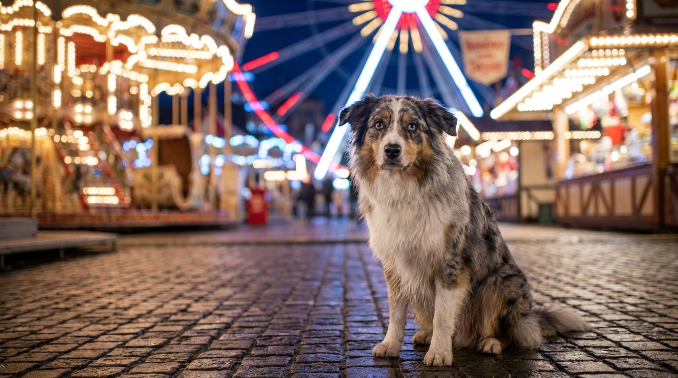 Un magnifique Berger Australien au pelage merle regarde autour de lui, l'air un peu perdu, avec les lumières d'une fête foraine en arrière-plan.
