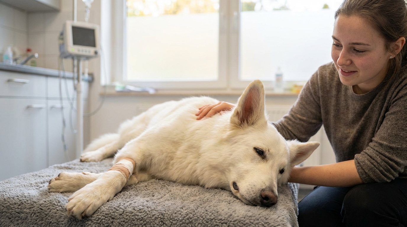 Un magnifique Berger Blanc Suisse couché sur une couverture, l'air apaisé et en sécurité, se remettant d'une intervention vétérinaire.