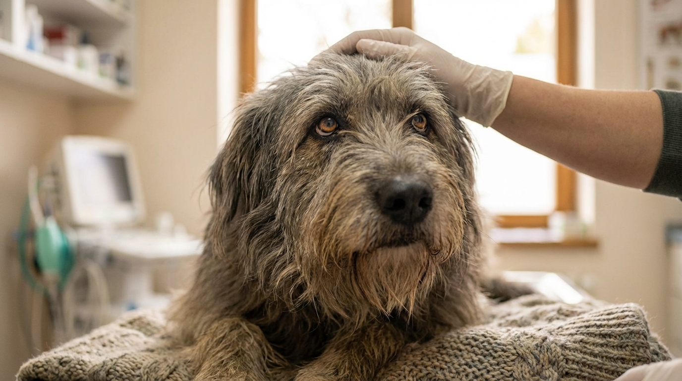 Un Berger des Pyrénées au regard triste, blotti dans une couverture après avoir été secouru, le pelage emmêlé témoignant de sa négligence.